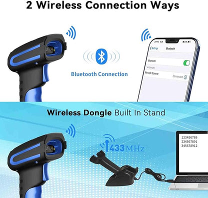 Alacrity Upgraded 2D Industrial Barcode Scanner with Wireless Charging Stand, 1968 Feet Transmission Distance 433Mhz Wireless & Bluetooth 2in1 Barcode Reader, Shock Dust Proof Hands Free, Blue