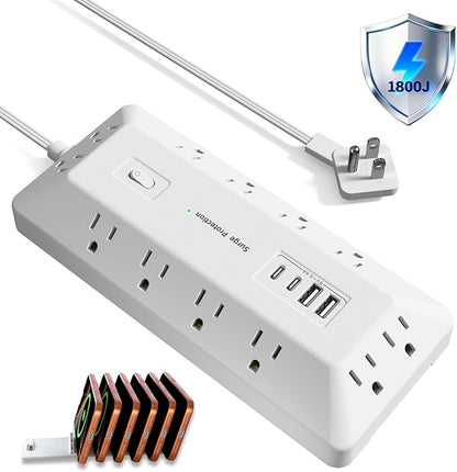 Inhwatek Surge Protector Power Strip with USB Ports (PD 20W), 6 Ft Extension Cord with Multiple Outlets, Flat Plug Outlet Extender for Home, Office, Dorm Room