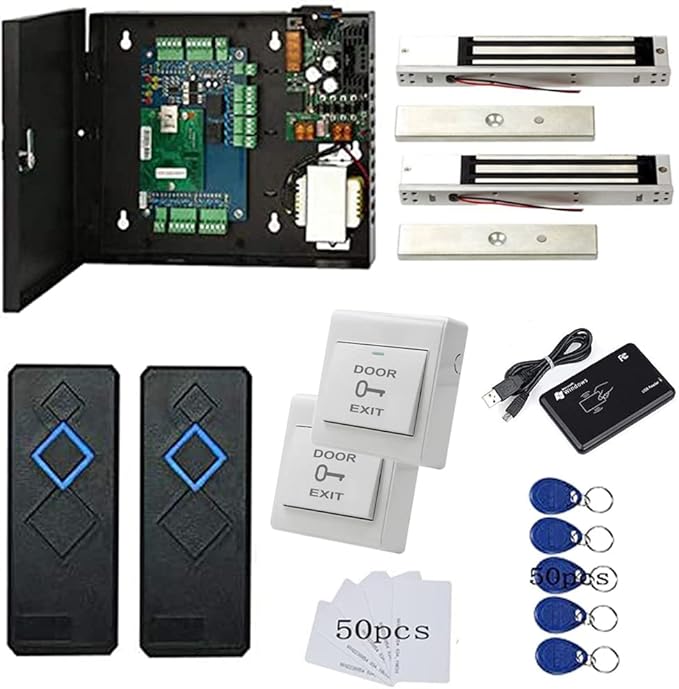 MENGQI-CONTROL 2 Door Access Control System with 600lbs Magnetic Lock Entry Control Panel 110V Power Supply Box RFID Reader Exit Button Enroll RFID USB Reader Card Key Fob Phone APP Remote Open Lock