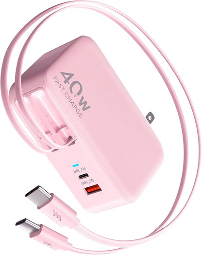 Retractable USB C Charger Wall Plug with Dual 35.5in/90cm Type C Cables Cords,40W Fast Charging Foldable Block Multi Charger for All Devices for iPhone 16/15/14/13/12/11,iPad,Galaxy,Pixel