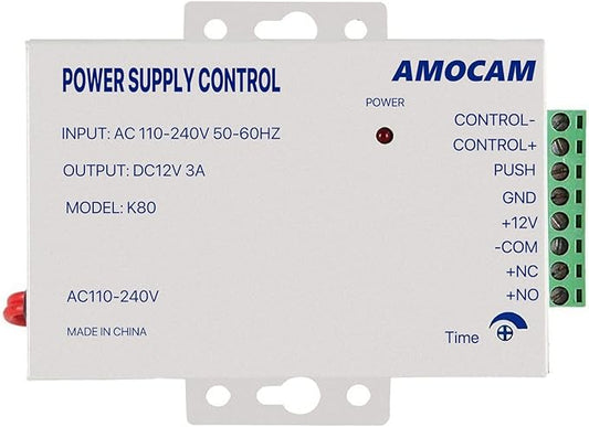 AMOCAM K80 Power Supply Control, AC 110-240V to DC 12V Power Supply for Door Access Control System, Video Doorbell, Electric Strike Lock, Bolt Lock, Magnetic Lock, Power Supply Controller