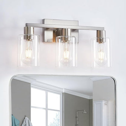 SOPEAS 3-Light Vanity Lights,Brushed Nickel Vanity Light,with Clear Glass Shade for Bathroom Light Fixtures, Bathroom Light Fixtures Over Mirror