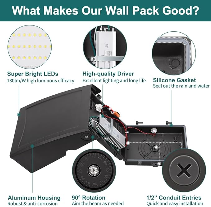 kadision 100W LED Wall Pack Light with Dusk-to-Dawn Photocell, 0-90° Adjustable Full Cutoff Outdoor Wall Light for House Yard Garage, 13000lm 5000K Daylight 100-277V ETL Listed