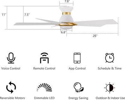 SMAAIR 52 Inch Smart Ceiling Fan with Light and Remote, Flush Mount Modern Ceiling Fan with lights,Compatible with Alexa/Google Assistant/Siri,Timer and Schedule,10 Speed DC Motor,White/Gold