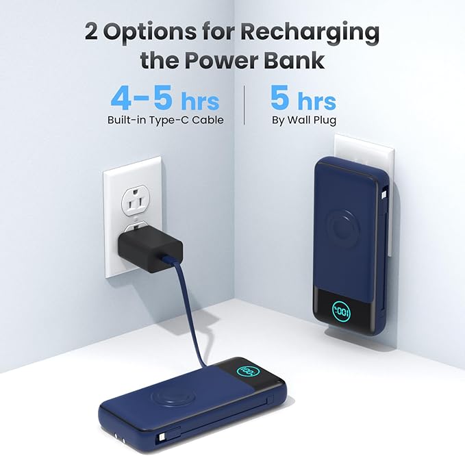 Portable Charger 26800mah for iPhone with Built-in Cables & AC Wall Plug,6-in-1 USB C Power Bank with iWatch Charger,25W PD Fast Charging Battery Pack for iPhone 16/15/14/13/12,Android,Apple Watch etc