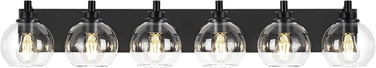 METWET Bathroom Light Fixtures, 6 Light Matte Black Vanity Light, 38 Inch Modern Wall Sconces with Globe Clear Glass Shade, Vanity Lighting Fixtures Over Mirror, VL195-MB-6