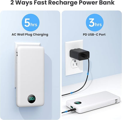Portable Charger with Built-in Cables and AC Wall Plug 13800mAh,LCD Display Slim PD Fast USB C Power Bank,4 Outputs Travel Essentials Battery Pack Compatible with iPhone,Samsung,All Smart Phones-White