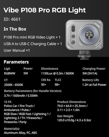 SMALLRIG Vibe P108 Pro RGB Video Light, Portable Led Camera Light for Photography, Cold Shoe Light, CRI95+, 2500-6500K, 12 Effects, Fill Light Accessories for Content Creator, Streaming