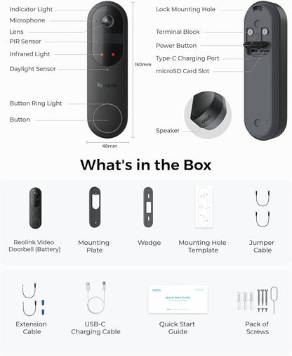 REOLINK 2K Battery Video Doorbell Camera, 150°x150° Head-to-Toe View, 2.4/5 GHz WiFi, Two-Way Talk, No Monthly Fee, Person/Vehicle/Package Detection(Chime not Included)