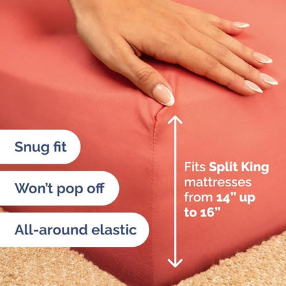 Split Head King Sheet Set – 4 Piece Flex Split Top King Sheets for Adjustable Beds - Fits 14” to 16" Mattress w/ Deep Pockets - Ultra-Soft, Breathable & Cooling - Luxury Bedding & Wrinkle Free - Coral