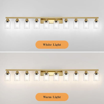DIKAIDA Gold Bathroom Vanity Light,10-Light Brushed Gold Bathroom Light Fixtures with Clear Glass,64.5in Wall Lamp Sconces for Mirror Bedroom,Living Room Hallway,E26