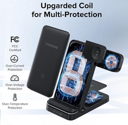 Wireless Charger, Tribone 3 in 1 Foldable Fast Charger for iPhone 16 15 14 13 12 11 Pro Max XR XS 8 Plus,for Multiple Devices，for Apple Watch 10 9 8 7 6 5 4 3 2 SE Ultra,for AirPods Pro 4 3 2, Black