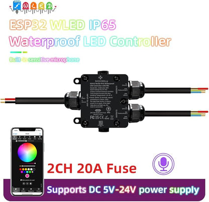 Skikibily ESP32 WLED LED Controller with Mic for Music Sync, APP/Web Control, IP65 Waterproof, 5V/12V/24V WS2812B SK6812 WS2811 RGBIC Addressable LED Strip Lights, 20A Output Fuse Protection