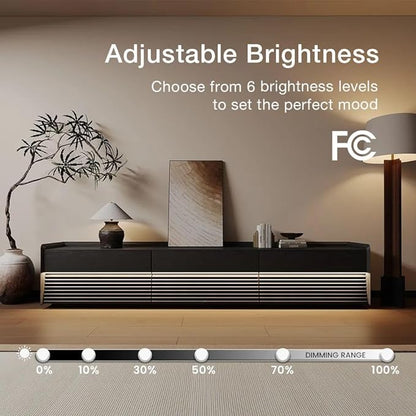 POVISON Fully-Assembled Mid Century Modern TV Stand, 94.49" Wood Media Console with Adjustable LED Light, Entertainment Center with Storage for Living Room