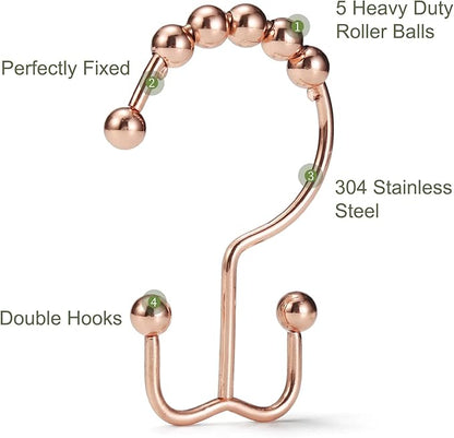 Shower Curtain Hooks, Goowin Shower Curtain Rings, Stainless Steel Shower Curtain Hooks Rust Proof Free Sliding Double Shower Hooks for Curtain, Shower Curtains & Liners (Rose Gold)
