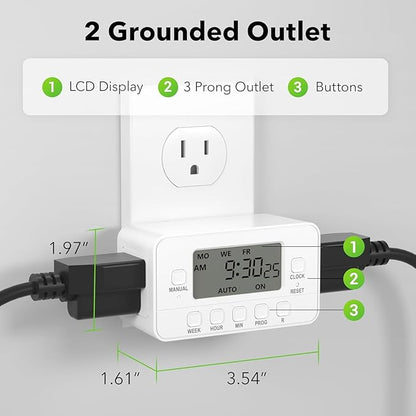STANLEY 2 Grounded Outlet Digital Weekly Timer Security Mode 8 On/Off Program Repeat Weekly Manual ON Override Switch Easy Set Digital Bar Timer