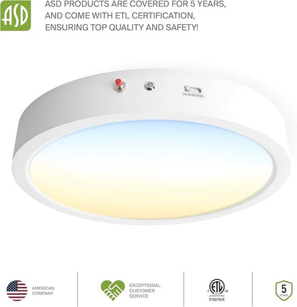 ASD LED 12" Round Flush Mount Ceiling Light Fixture, Low Profile Surface Lighting | 5CCT, Dimmable, Battery Backup, ETL Listed | 24W 2100LM 2700-6000K 120V | Kitchen, Hallway Lamp | White, 12 Pack