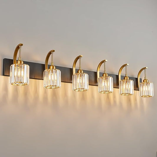 FDPBY 6-Light Crystal Vanity Light, Black Gold Modern Wall Sconce with K9 Crystal Shades, 51.18" Long Over Mirror Lighting for Bathroom, Makeup, Hallway, Elegant & Easy Install