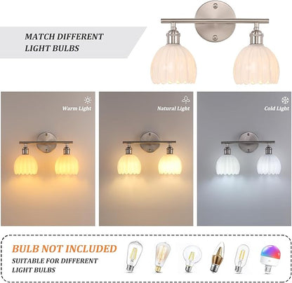 Shenmoyl Bathroom Light Fixtures, 2-Light Vanity Wall Light Over Mirror with White Tulip Glass Shade for Bedroom Living Room (Bulb Not Included), Satin Nickel