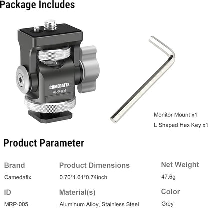CAMEDAFLX Tilt Adjustable Camera Monitor Mount,Swivel Field Monitor Holder with Cold Shoe Mount 1/4"-20 Screw for 5” and 7”Monitor(Grey).
