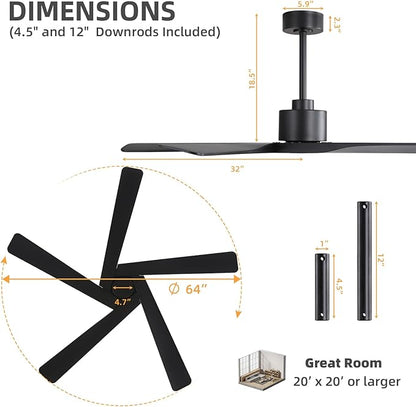 WINGBO 64" ABS DC Ceiling Fan No Light, 5 Blade ABS Plastic Ceiling Fan with Remote, 6-Speed Reversible DC Motor, Ceiling Fans without Light for Kitchen Bedroom Living Room, Matte Black