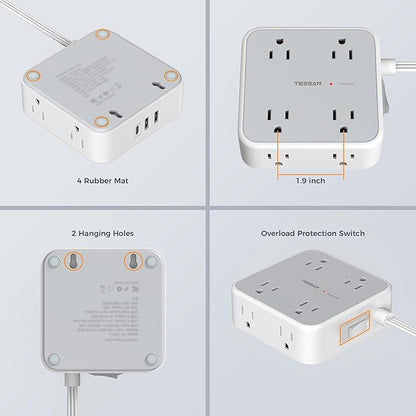 TESSAN Surge Protector Power Strip Flat Plug, Long Extension Cord 10 FT with 8 Outlets, 3 USB Ports(1 USB C), 3-Sided Outlet Extender, 900 Joules Protection, Desk Charging Station for Home, Office
