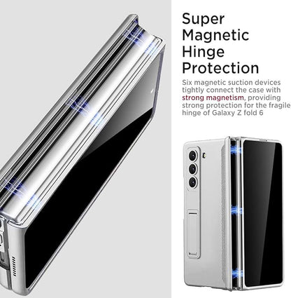 Miimall for Z Fold 6 Case with Privacy Screen Protector, [Military Grade Drop Protection] Built-in Adjustable Kickstand & Magnetic Hinge Protection Shockproof Phone Case for Galaxy Z Fold 6 5G Silver