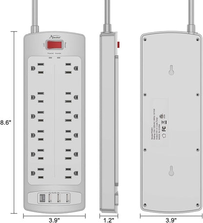Power Strip, ALESTOR Surge Protector with 12 Outlets and 4 USB Ports, 6 Feet Extension Cord (1875W/15A), 2700 Joules, ETL Listed, Grey