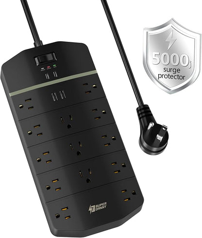 Power Strip,SUPERDANNY 5000 Joules Surge Protector with 13 AC Outlets 2 USB-A & 2 USB-C PD 20W Fast Charging Heavy Duty 14AWG/3C Industrial Grade Extension Cord for Workbench Home Office Black