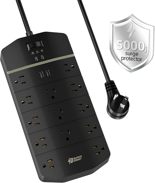 Power Strip,SUPERDANNY 5000 Joules Surge Protector with 13 AC Outlets 2 USB-A & 2 USB-C PD 20W Fast Charging Heavy Duty 14AWG/3C Industrial Grade Extension Cord for Workbench Home Office Black