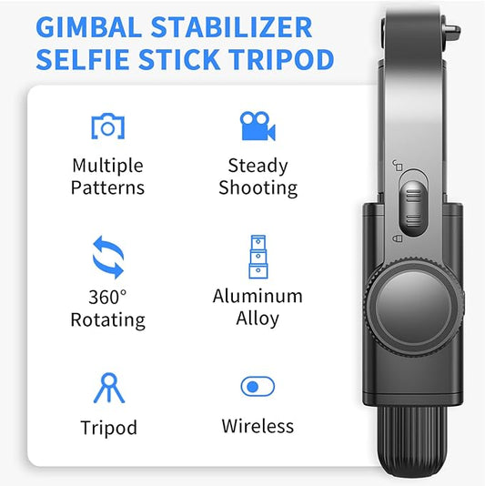 Gimbal Stabilizer for Smartphone ，with Retractable Selfie Stick and Tripod，1-Axis Multifunction Remote 360°Automatic Rotation， Auto Balance for iPhone/Android