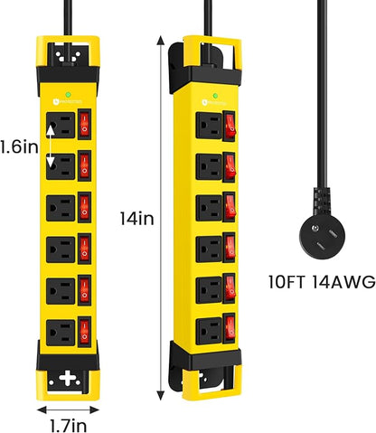 Heavy Duty Power Strip,6 Outlets Metal Power Strip with Individual Switch & Cord Management,Mountable Surge Protector 1200J,10FT Extension Cord(Yellow,10 FT)