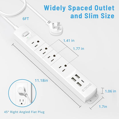TROND Surge Protector Power Strip with USB, Ultra Thin Flat Plug 6ft Extension Cord 1625W, 3 USB A & 1 Type C, 4 AC Outlets 1440J Surge Protection ETL Listed, Wall Mount for Home Office Dorm, White