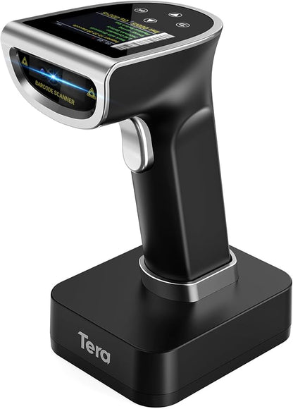 Tera Barcode Scanner Wireless with Screen: Pro Version 1D 2D QR with Digital Setting Keypad Power Switch Charging Cradle Works with Bluetooth 2.4G Wireless Bar Code Reader HW0015 Silver