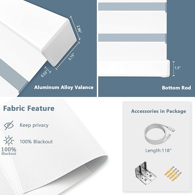 COOLWINDS Motorized Zebra Blinds for Windows Cordless Electric Curtains with Remote Control Blackout Shades Custom Smart Blinds Compatible with Alexa Google Home(Blackout White,W30 X 72in)