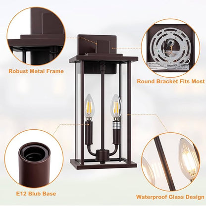 SIAFAVOI 2-Pack 16" Large Outdoor Wall Light Fixtures, 2-Light Exterior Front Porch Light, Brushed Outdoor Sconce Lights, Waterproof Farmhouse Lamp Lighting (Bronze, 16in No Sensor)