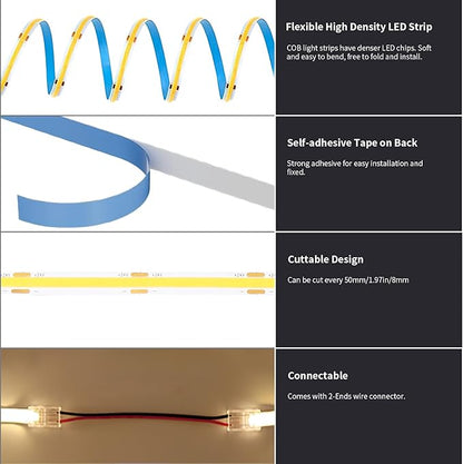 BUNACET COB LED Strip Light 40ft/12m (1 Roll) Cool White 6500K High Lumen CRI 90+ with UL Listed Power Adapter RF Remote for Bedroom Counter Under Cabinet Kitchen Projects