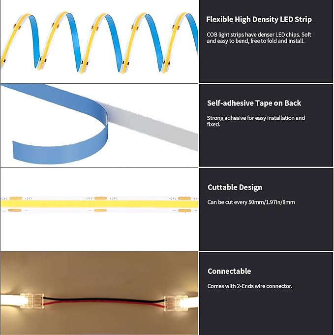 BUNACET COB LED Strip Light 20ft/6m Cool White 6500K High Lumen CRI 90+ with UL Listed Power Adapter RF Remote for Bedroom Counter Under Cabinet Kitchen Projects