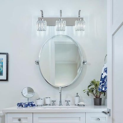 FDPBY Crystal Vanity Lights 3-Light Chrome Bathroom Vanity Lights Modern Crystal Bathroom Light Fixtures Over Mirror 23.62" Long Vanity Light for Bathroom