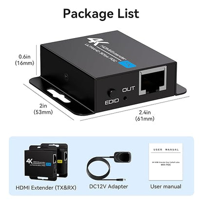 PVBCTCSID 4K HDMI Extender Over CAT6/7 4K30Hz Upto 131ft/40m 1080P Upto 196ft/60m HDMI Balun Over Single Ethernet Support EDID and POC (Power Only Supplied to The TX End)