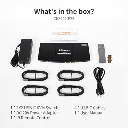 TESmart USB-C KVM Switch 2 Monitors 2 Laptops 4K@60Hz, USB 3.0 KVM Switch Dual Monitor MST, EDID Emulation, 60W PD, 1G Ethernet, 2K@144Hz, 1080P@240Hz, Hotkey Switch, with All Input Cables