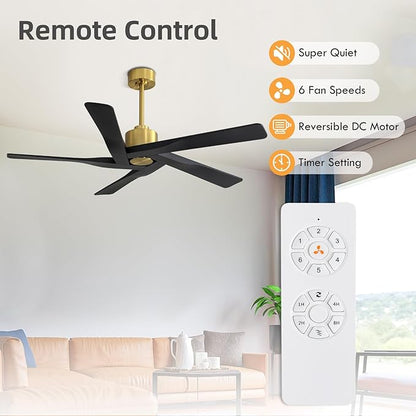 WINGBO 64" ABS DC Ceiling Fan No Light, 5 Blade ABS Plastic Ceiling Fan with Remote, 6-Speed Reversible DC Motor, Ceiling Fans without Light for Kitchen Bedroom Living Room, Brass and Matte Black
