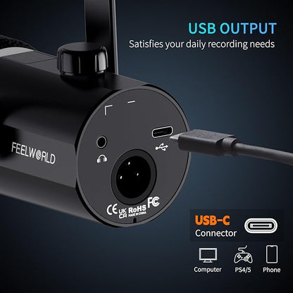 FEELWORLD PM1 XLR USB Dynamic Microphone with Desktop Stand Gifts for Podcast Recording PC Computer Gaming Live Streaming Vocal Voice-Over, Studio Metal Mic, RGB Light, Mute Button, Headphones Jack