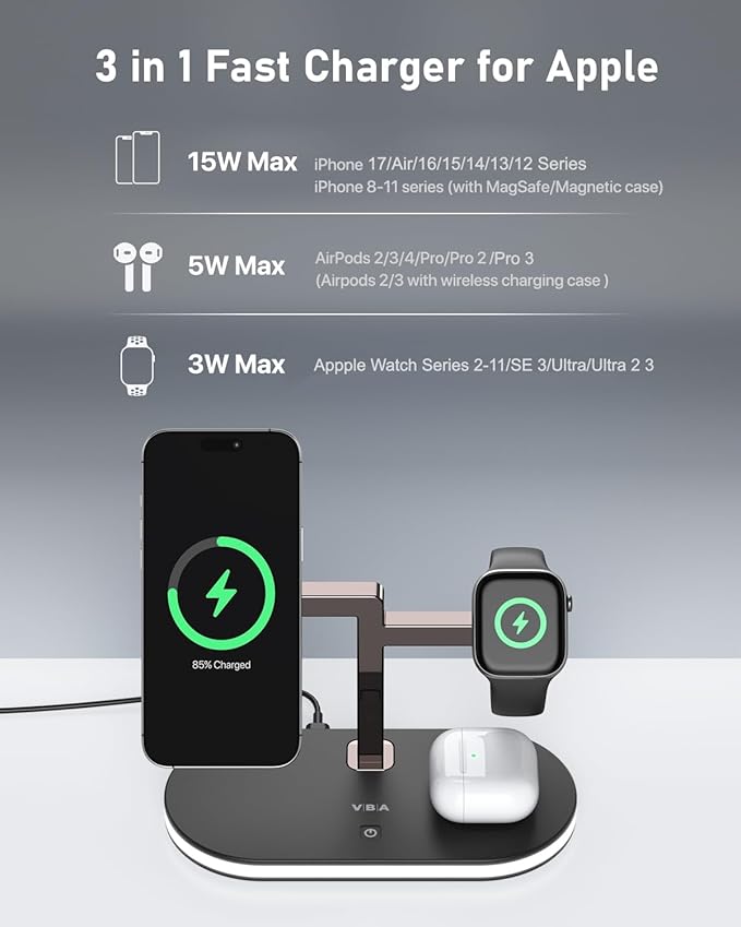 VBA 4 in 1 Wireless Charging Station for Apple MagSafe Charger,Fast Charging Magnetic Wireless Charger Stand with Night Light for iPhone 17 Air 16 15 14 13 12 Series,Apple Watch,AirPods Pro (Black)