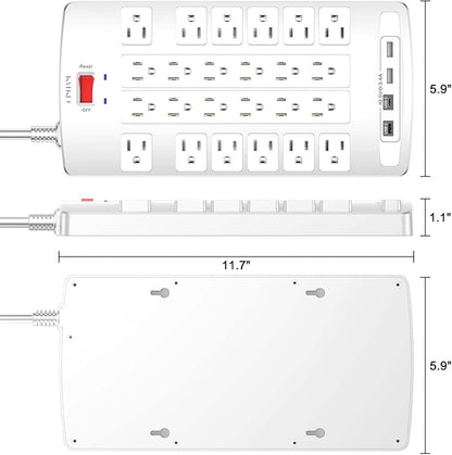 QINLIANF Surge Protector Power Strip - 10Ft Flat Plug Heavy Duty Extension Cord with 24 Outlets and 4 USB Ports(2 USB-C Ports), 1875W/15A, 4100J, for Home, Office, Dorm, ETL Listed, White