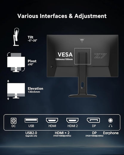 KTC 27 Inch 240Hz Gaming Monitor - FHD 1080P Monitor Fast IPS with Adaptive Sync, 1ms(MPRT), 131% sRGB, HDMI Displayport, Tilt Pivot Height Adjustment, Vesa Monitor, White, H27F7