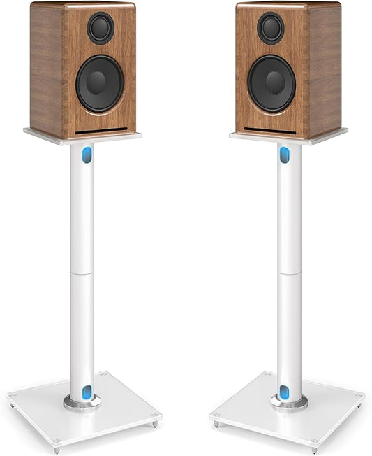 YOMT Universal Speaker Stands Pair for Surround Sound, 28 Inch Floor Speaker Stands with Cable Management Holds 22lbs Bookshelf Speaker Satellite Speaker, 1 Pair, White