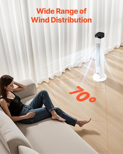 VEVOR Tower Fan, 22 ft/s Velocity Quiet Floor Fan, 70° Oscillating Fans for Indoors with 3 Speeds, 4 Modes, 12H Timer, Portable Standing Bladeless Fan with Remote Control for Bedroom, Office, Home