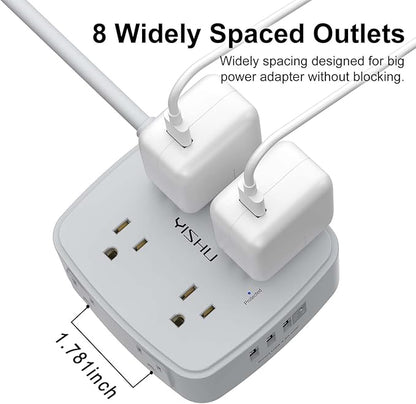 6 Ft Surge Protector Power Strip - 8 Widely Outlets with 4 USB Ports, 3 Side Outlet Extender with 6 Feet Extension Cord, Flat Plug, Wall Mount, Desk USB Charging Station, ETL, Grey
