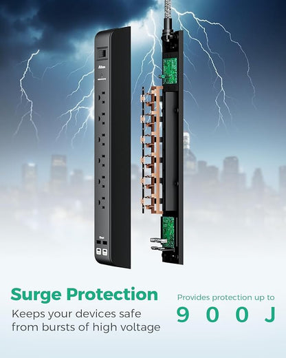 15FT Power Strip Surge Protector - 2 Pack Extension Cord with 6 Outlets 4 USB Ports, Flat Plug, 900 Joules, 15A Circuit Breaker, Wall Mount for Home Office Dorm